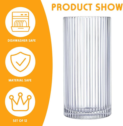 Zhehao 12 Pcs Ribbed Drinking Glasses Clear Vintage Cups Set, 9 oz 12 oz