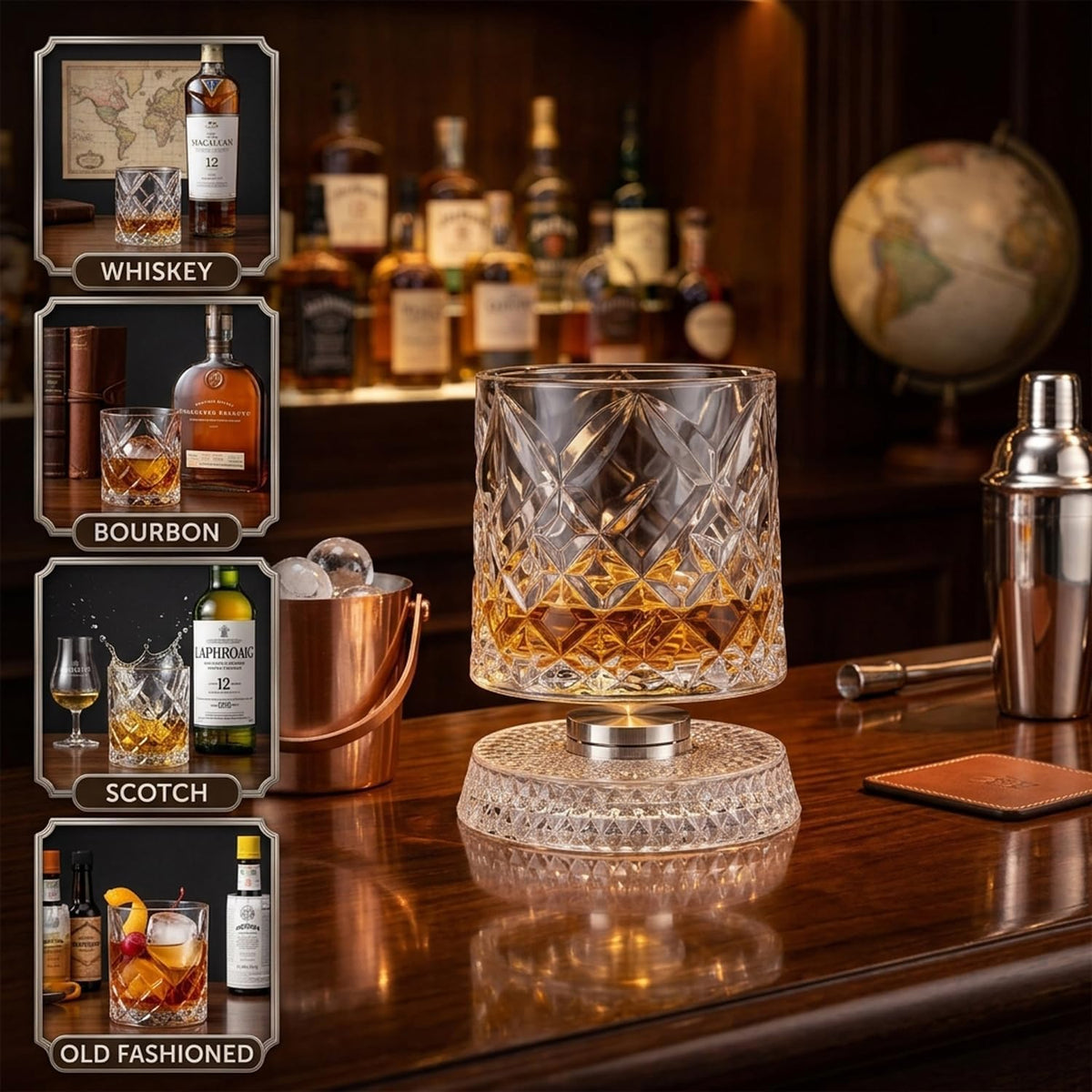 Spinning Whiskey Glasses Set of 4 with Ice Ball Molds, 9.5oz Lead-Free Rotating Old Fashioned Rocks Glasses, Premium Bourbon Tasting Cups, Unique Barware Gifts for Men, Dad, Husband