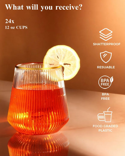BESTSTAR 48Pack Gold Rim Disposable Ribbed Origami Ripple Plastic Glasses