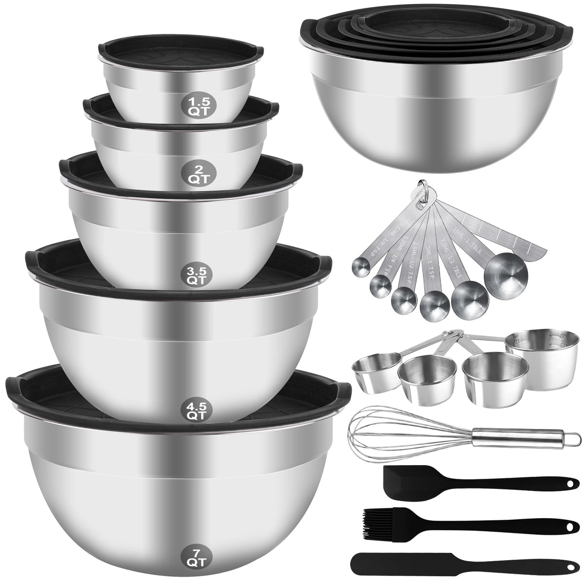 WEPSEN 5-Speed Electric Hand Mixer, 4 Large Mixing Bowls Set, Handheld Mixers with Whisks Beater, Stainless Steel Metal Nesting Bowl Measuring Cups Spoons Kitchen Cake Blender for Baking Supplies