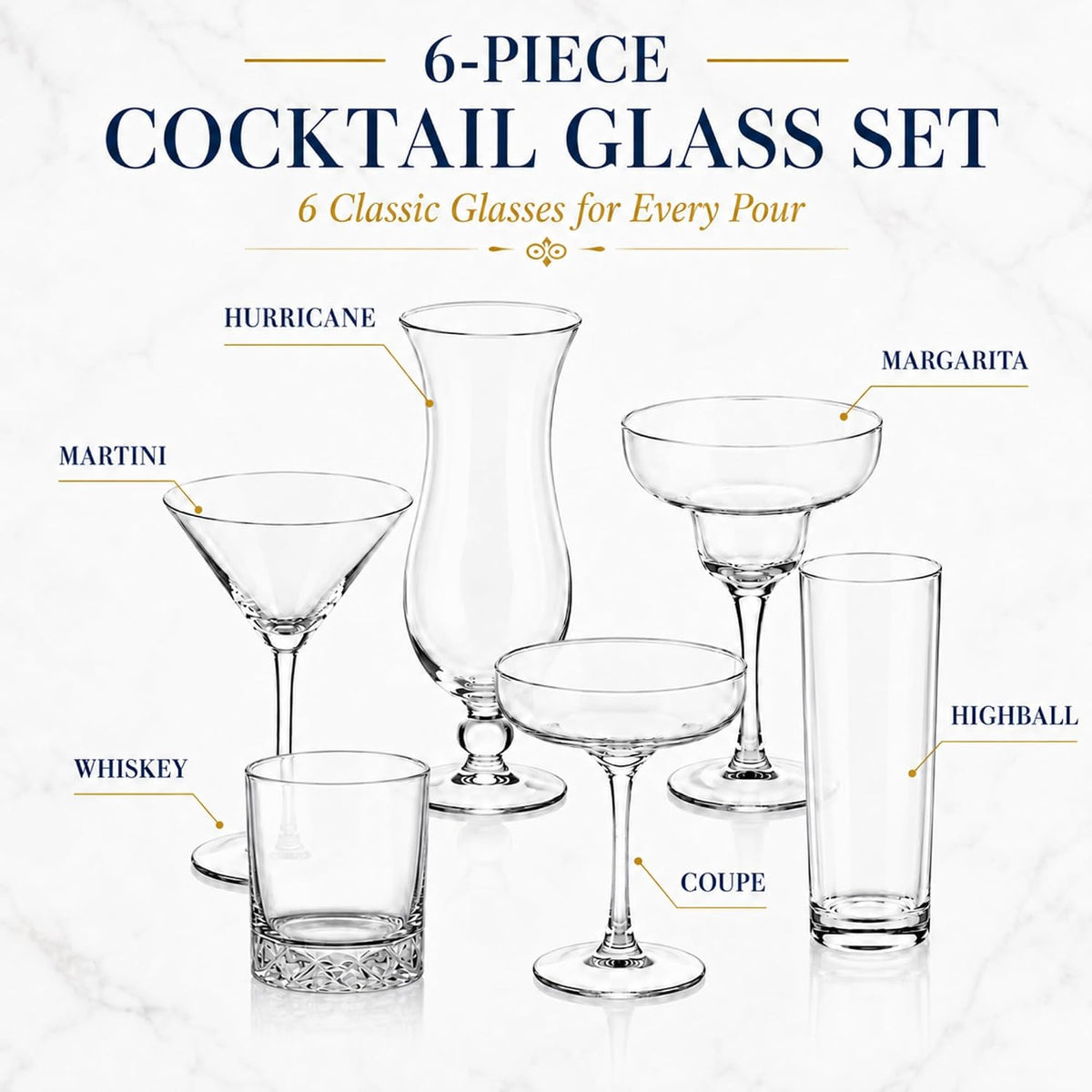 LemonRoad 6 Set Cocktail Glasses Mixed Drinkware,6-piece Variety Set