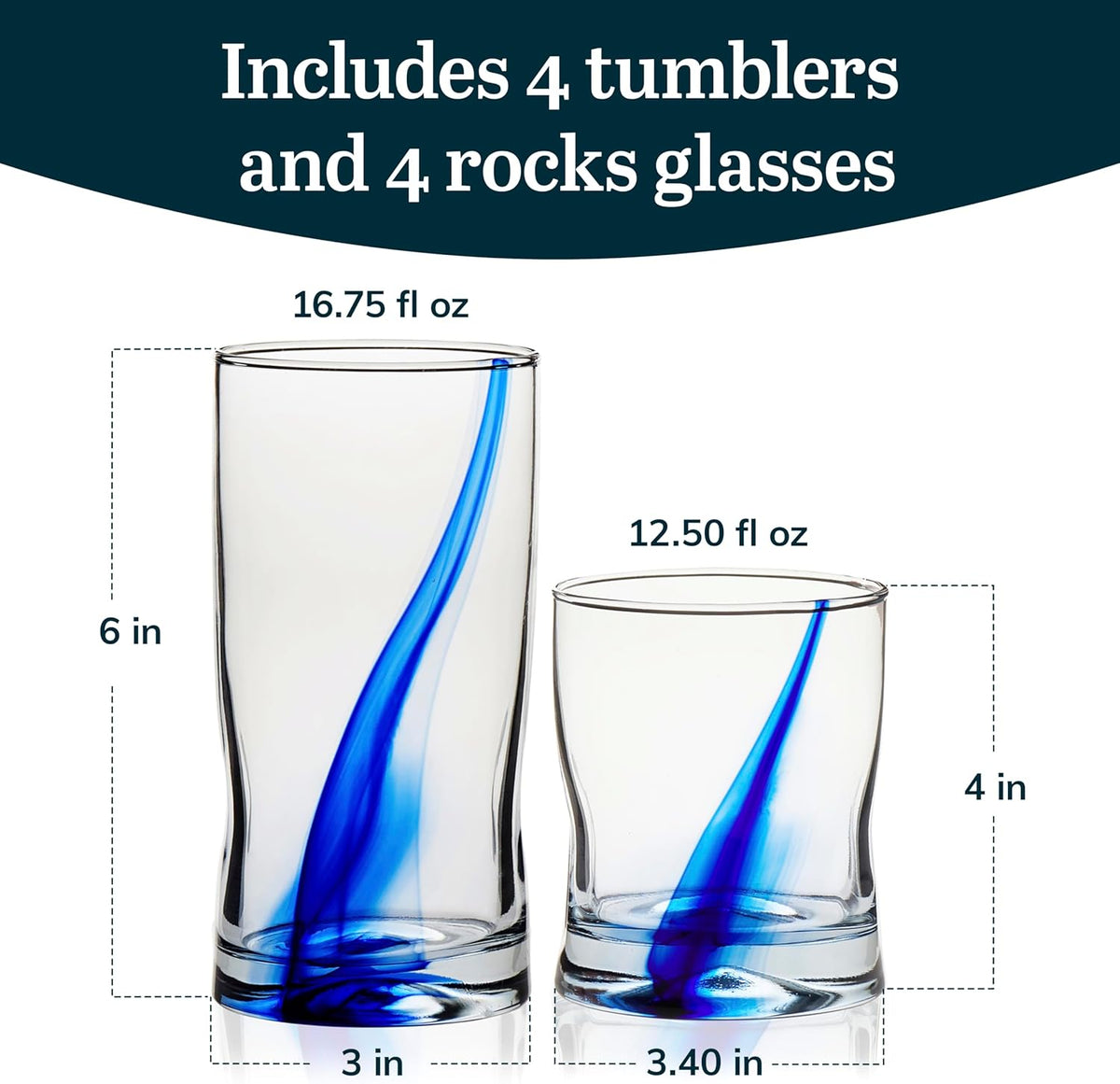 Libbey Blue Ribbon Tumbler and Rocks Drinking Glass Set of 8, Artisanal, Four-Dimpled Glass Cups Set, Clear Glassware Drinking Glasses for Daily Use