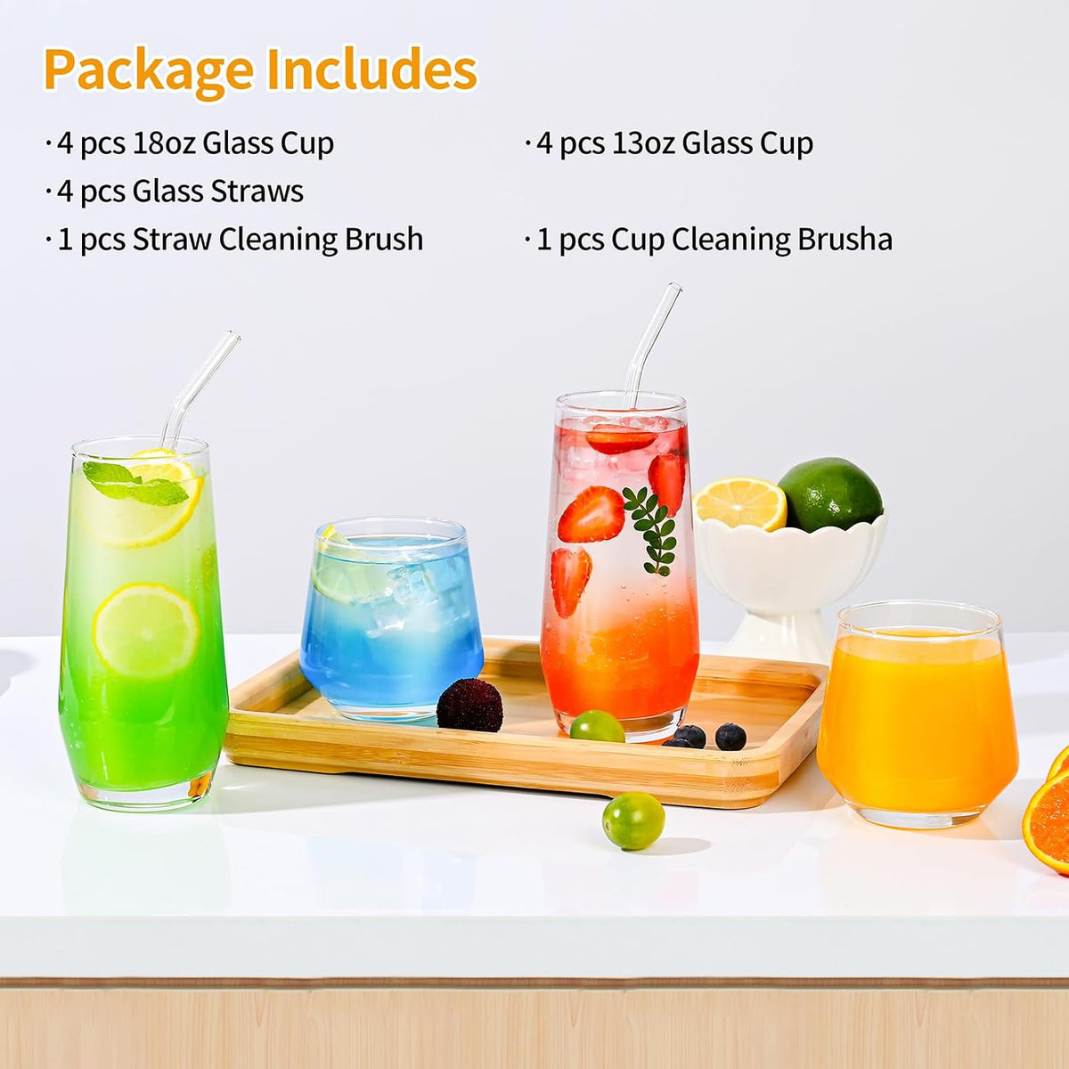 ZMOWIPDL Drinking Glasses Set of 8,Clear 13 oz & 18oz Crystal Glass Cups,Drinkware Glassware,Highball Water Tumbler,Short Stemless Wine Glasses，for Beer,Cocktail,Whiskey,Juice and Various Mixed Drinks