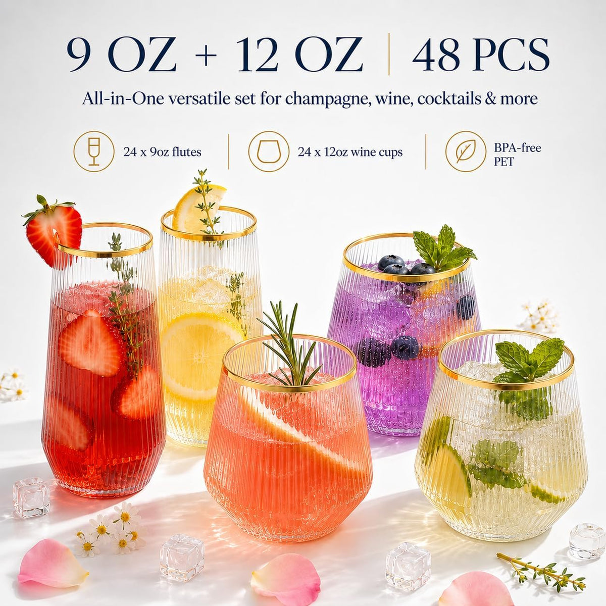 9 & 12 Ounce Ribbed Plastic Stemless Wine Glasses, Gold Rim, 48 Pack