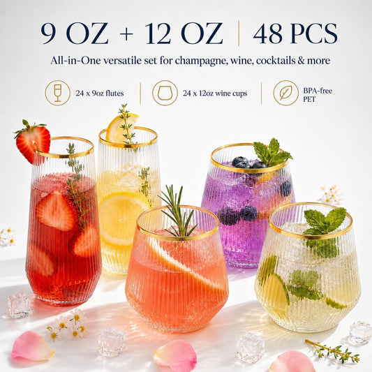 9 & 12 Ounce Ribbed Plastic Stemless Wine Glasses, Gold Rim, 48 Pack