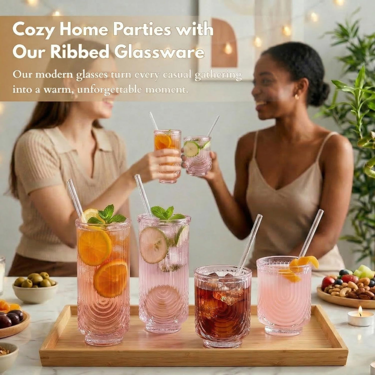 Ribbed Glass Cups with Straws, Pink Glass Drinking Cups, Drinking Glasses Set of 8, 13oz Highball & 10oz Water Glasses, Vintage Kitchen Glassware Set for Juice, Coffee, Cocktail, Whiskey