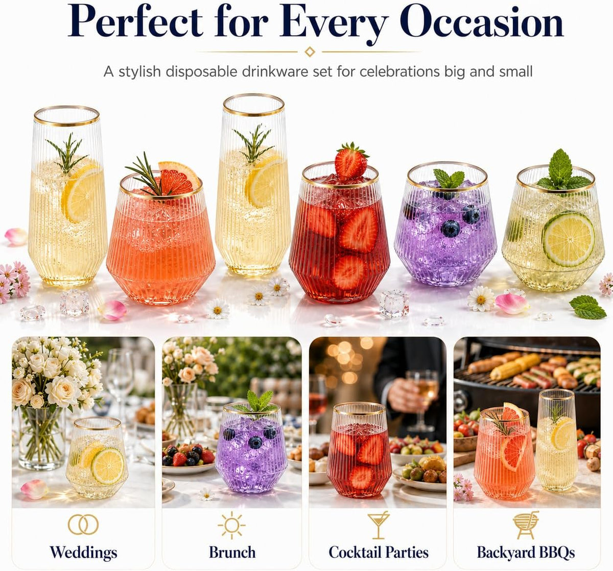 9 & 12 Ounce Ribbed Plastic Stemless Wine Glasses, Gold Rim, 48 Pack