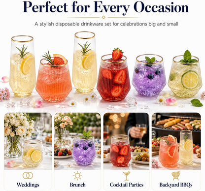 9 & 12 Ounce Ribbed Plastic Stemless Wine Glasses, Gold Rim, 48 Pack
