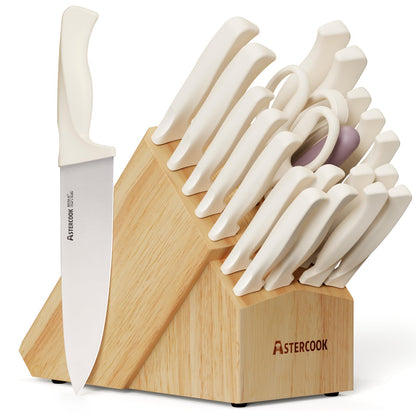 Astercook Knife Set, 15 Pieces Kitchen Knife Set with Sharpener Block, German Stainless Steel Knives with Anti-Rust Coating, Dishwasher Safe, Elegant Cream White Design, Perfect for Holiday Gifts