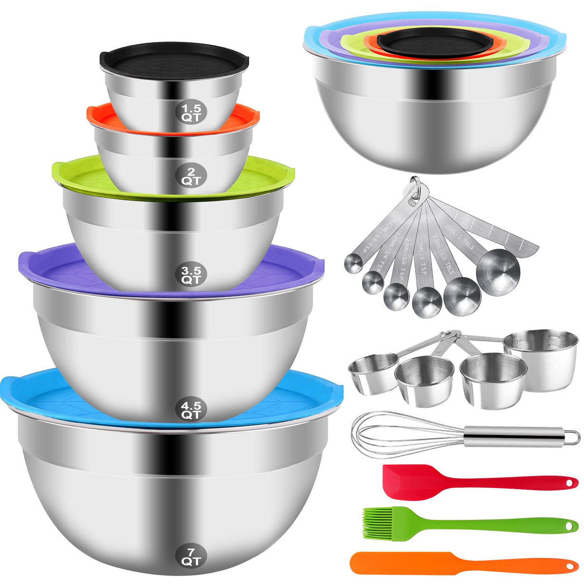 WEPSEN 5-Speed Electric Hand Mixer, 4 Large Mixing Bowls Set, Handheld Mixers with Whisks Beater, Stainless Steel Metal Nesting Bowl Measuring Cups Spoons Kitchen Cake Blender for Baking Supplies