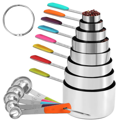 Bopei 10-Pcs Stainless Steel Measuring Cups & Spoons Set, Colorful Handles