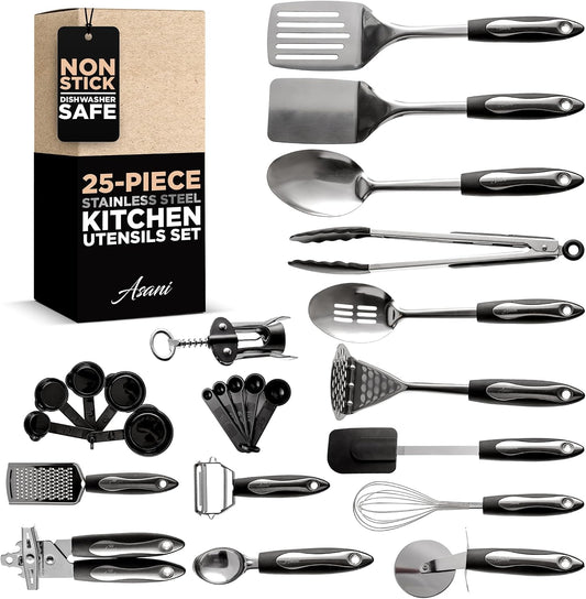 Asani 25-Piece Stainless Steel Kitchen Utensil Set, Non-Stick Cooking Tools