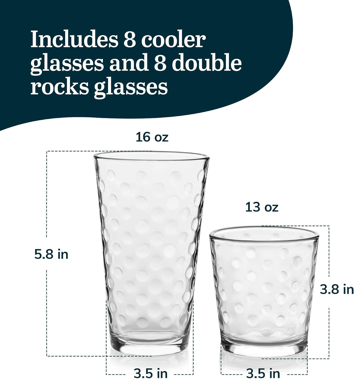 Libbey Awa Polka Dot Tumbler & Rocks Drinking Glasses Set of 16, Glass Cups