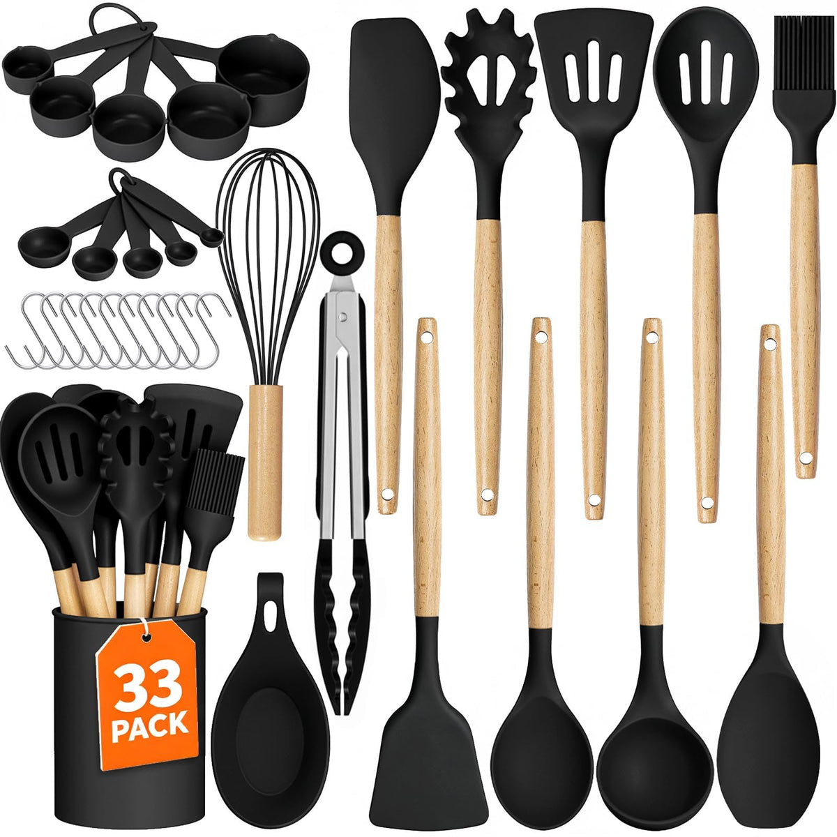 33Pcs Kitchen Utensils Set Silicone Cooking Utensils Set with Wooden Handle