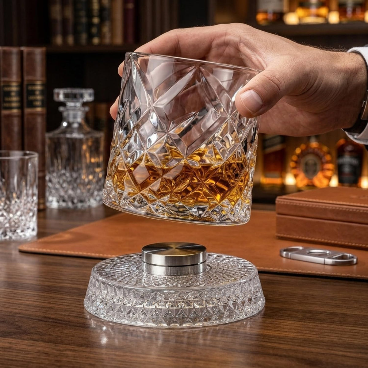 Spinning Whiskey Glasses Set of 4 with Ice Ball Molds, 9.5oz Lead-Free Rotating Old Fashioned Rocks Glasses, Premium Bourbon Tasting Cups, Unique Barware Gifts for Men, Dad, Husband