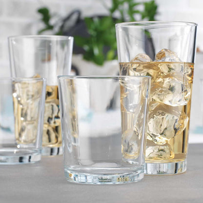 Glaver's Drinking Glasses Set of 12. Glassware set, 6 Highball Glass Cups, 6 Whiskey glasses. Classic Drinkware Set 17 oz Tall Glasses Set and 13 oz Rock Glasses.