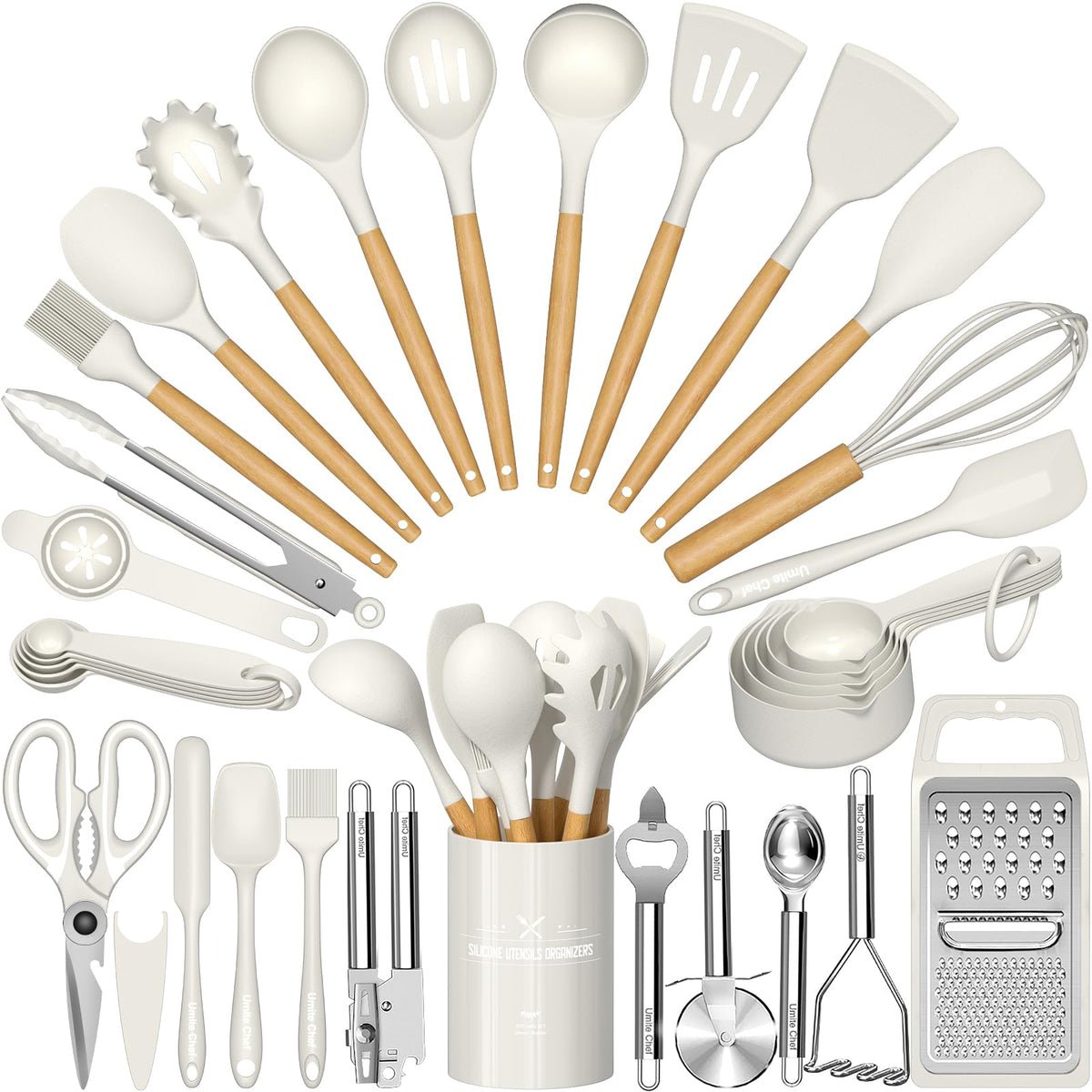 Kitchen Utensils Set- 34PCS Silicone Cooking Utensil with Holder, Umite Chef Heat Resistant Kitchen Spatula Set for Nonstick Cookware, Black Wooden Handles Kitchen Gadgets Tools Set