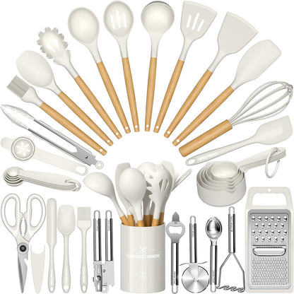 Kitchen Utensils Set- 34PCS Silicone Cooking Utensil with Holder, Umite Chef Heat Resistant Kitchen Spatula Set for Nonstick Cookware, Black Wooden Handles Kitchen Gadgets Tools Set