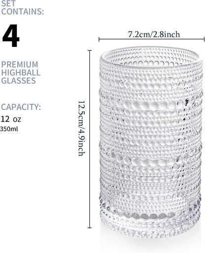 Hobnail Drinking Glasses Set of 4, Art Deco Vintage Glassware, 12 oz Tall Crystal Tumblers, Clear Embossed Glass Cups, Romantic Iced Beverage Glass, for Beer, Cocktail, Soda, Cappuccino
