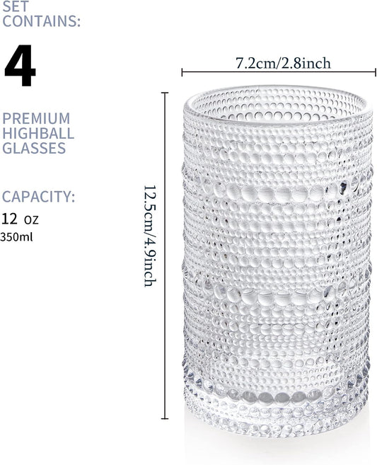 Hobnail Drinking Glasses Set of 4, Art Deco Vintage Glassware, 12 oz Tall Crystal Tumblers, Clear Embossed Glass Cups, Romantic Iced Beverage Glass, for Beer, Cocktail, Soda, Cappuccino