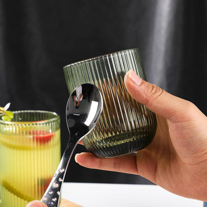 Set of 8 Ribbed Glassware,4 Highball Glasses 14oz & 4 Rocks Drinking Glasses 9oz, Green, Origami Style, Fluted Design, for Milk, Water, Cocktail, Juice, Beer, ToothBrush Cup, Gift