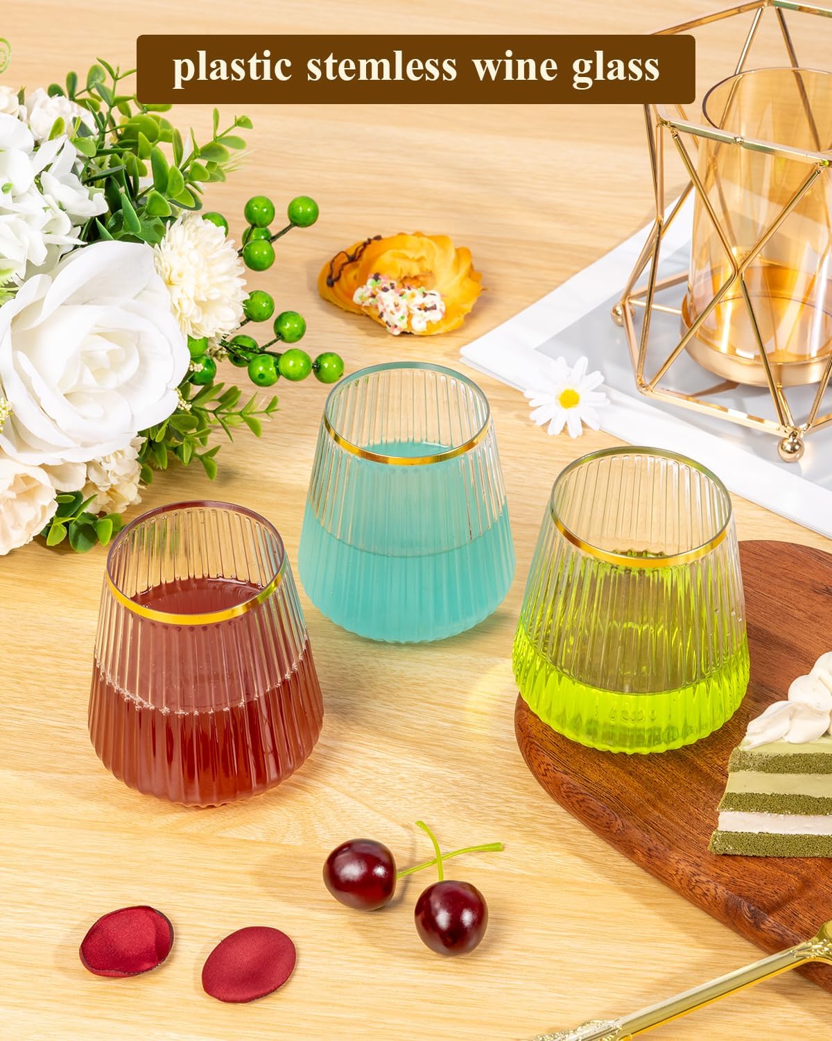 Goodluck 36 Pack 12oz Stemless Plastic Wine Glasses Clear Ribbed Gold Rim