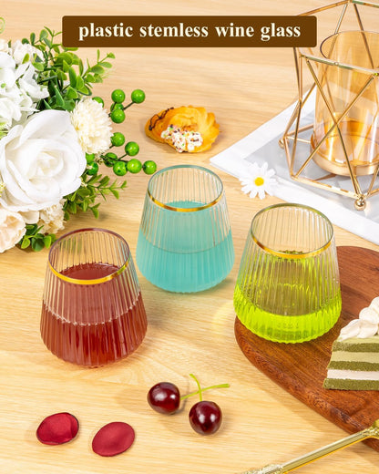 Goodluck 36 Pack 12oz Stemless Plastic Wine Glasses Clear Ribbed Gold Rim