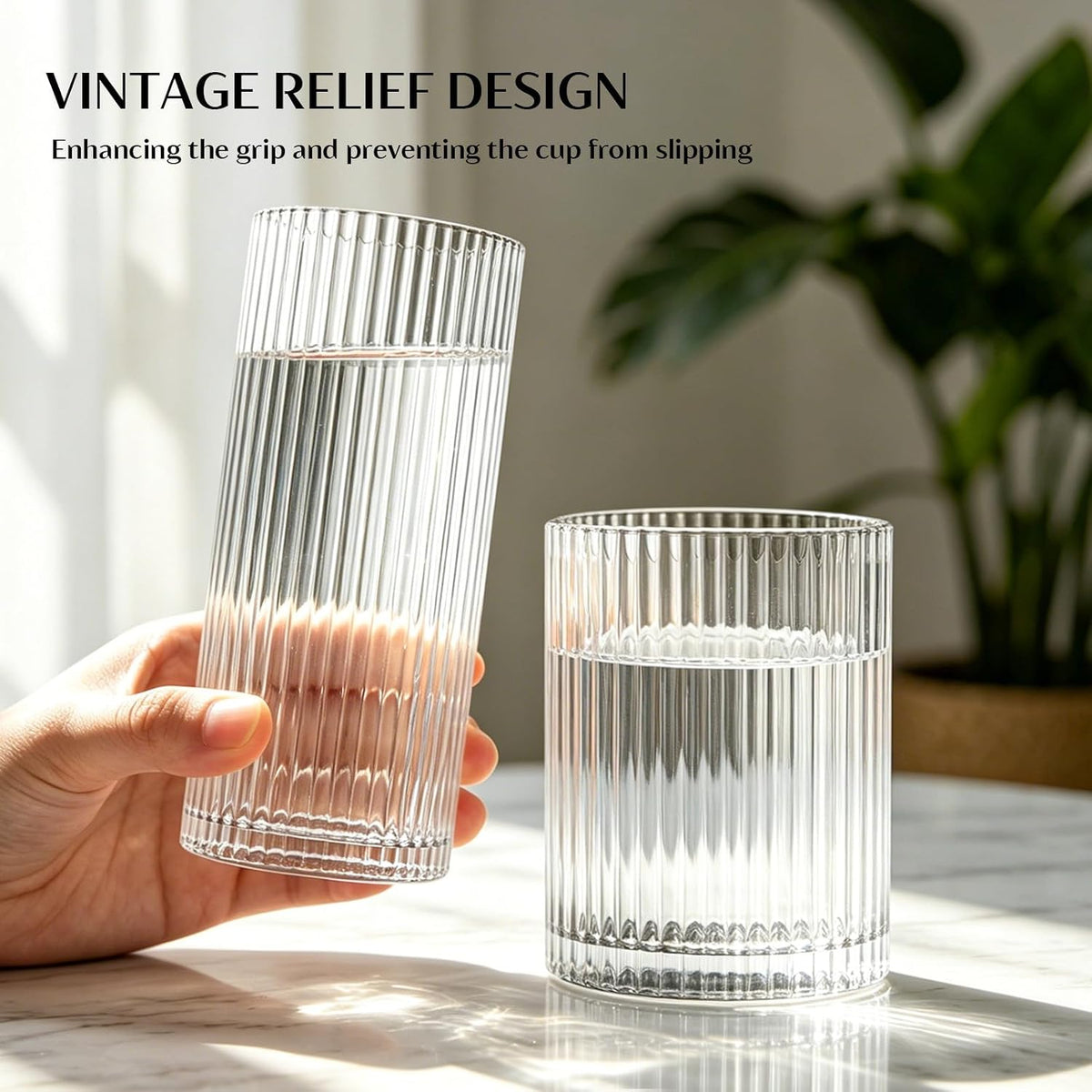 INSETLAN 12-Piece Ribbed Glassware - 6 Highball Glasses 12 oz, 6 Rocks Glass Cups 14 oz, Vintage Cocktail Drinking Glasses, Ideal for Wine, Juice, Water, Ice Coffee Cup, Whiskey, Mixed Drinkware