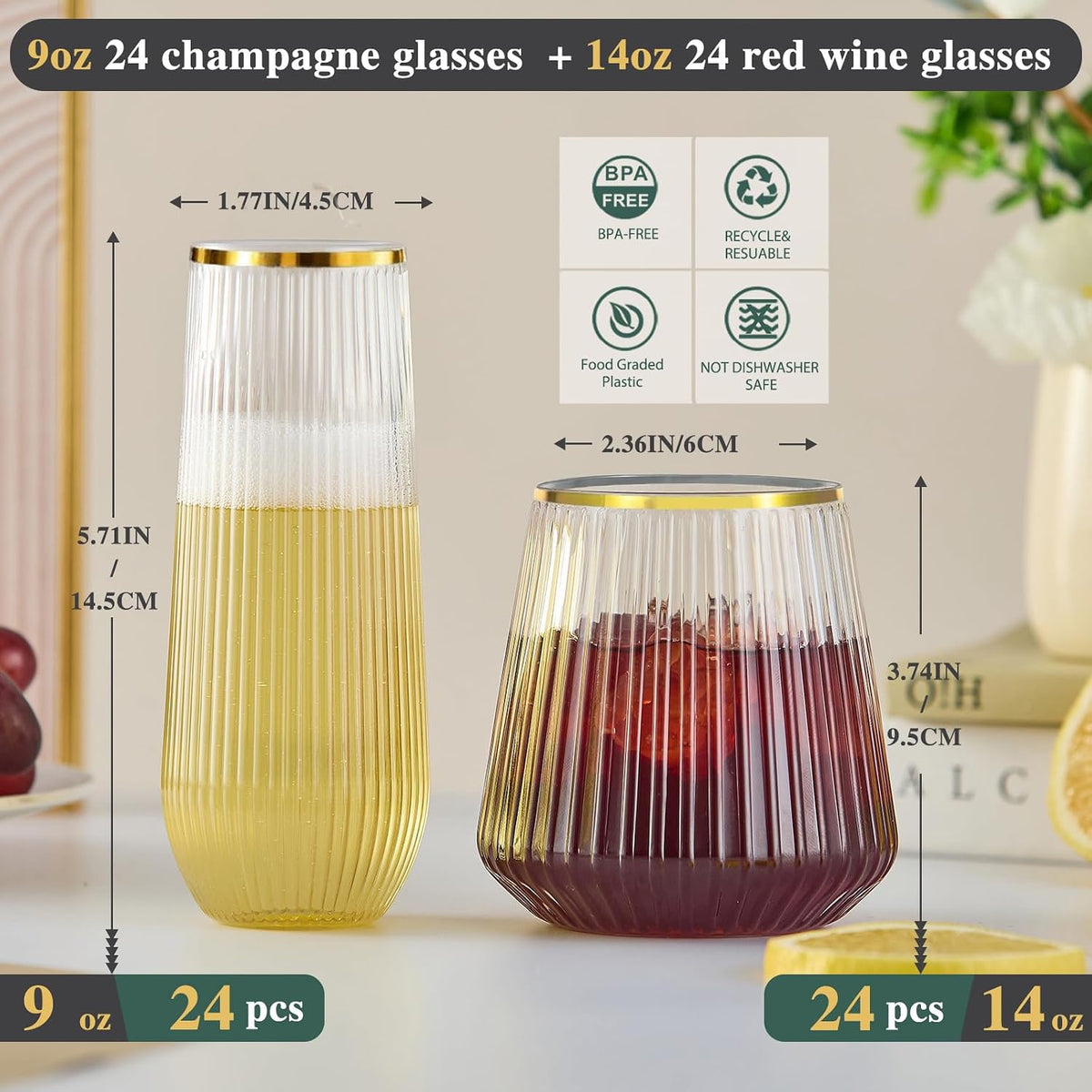 56 Pack Plastic Wine Glasses Champagne Flutes, 32 Pcs 9 OZ & 24 Pcs 14 OZ