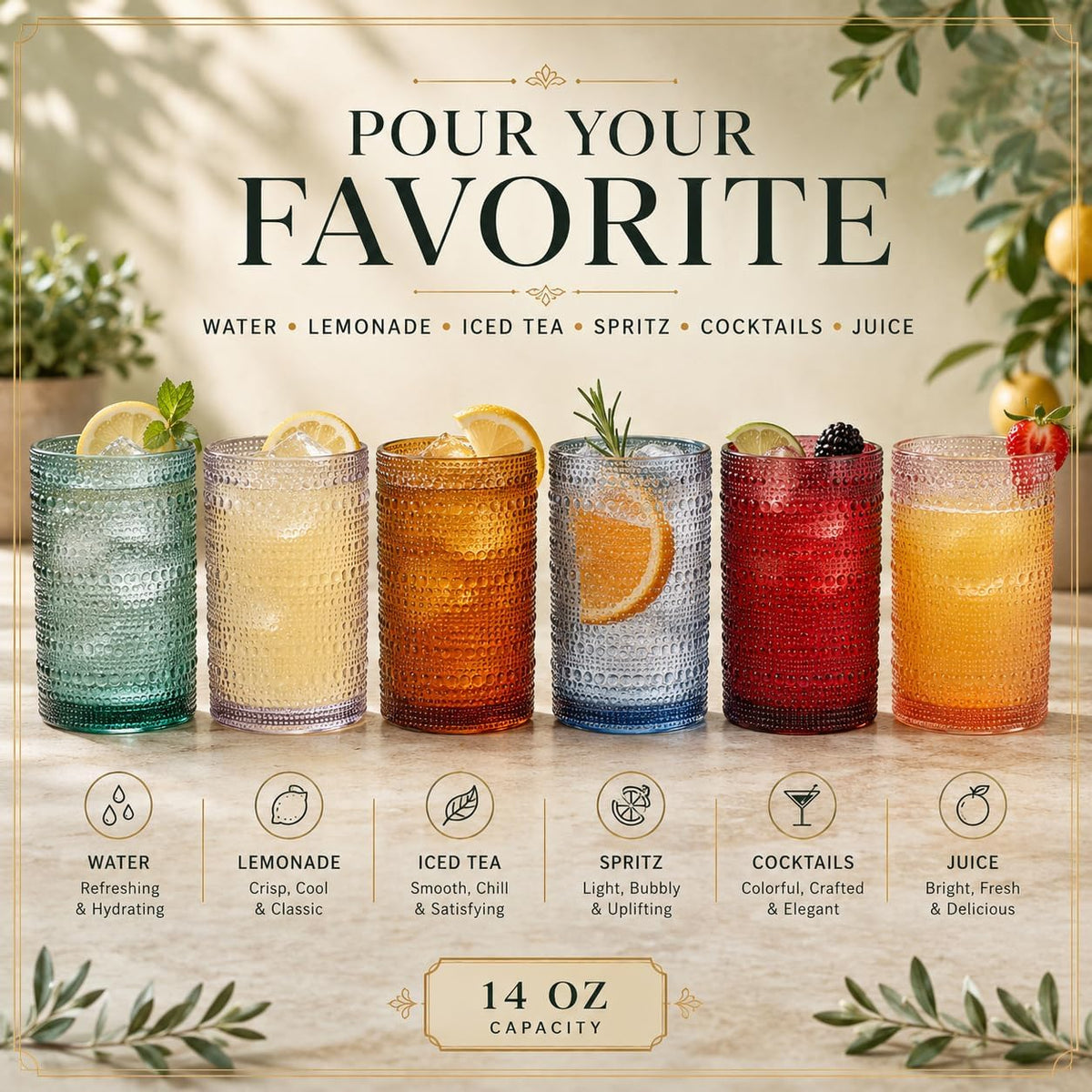 Khen Plastic Hobnail Drinking Highball Glasses Set of 6 Neutral Tones Cups 14oz, Shatterproof & Unbreakable Acrylic Beaded Design, BPA-Free, Dishwasher Safe Indoor/Outdoor Drinkware Water, Cocktails