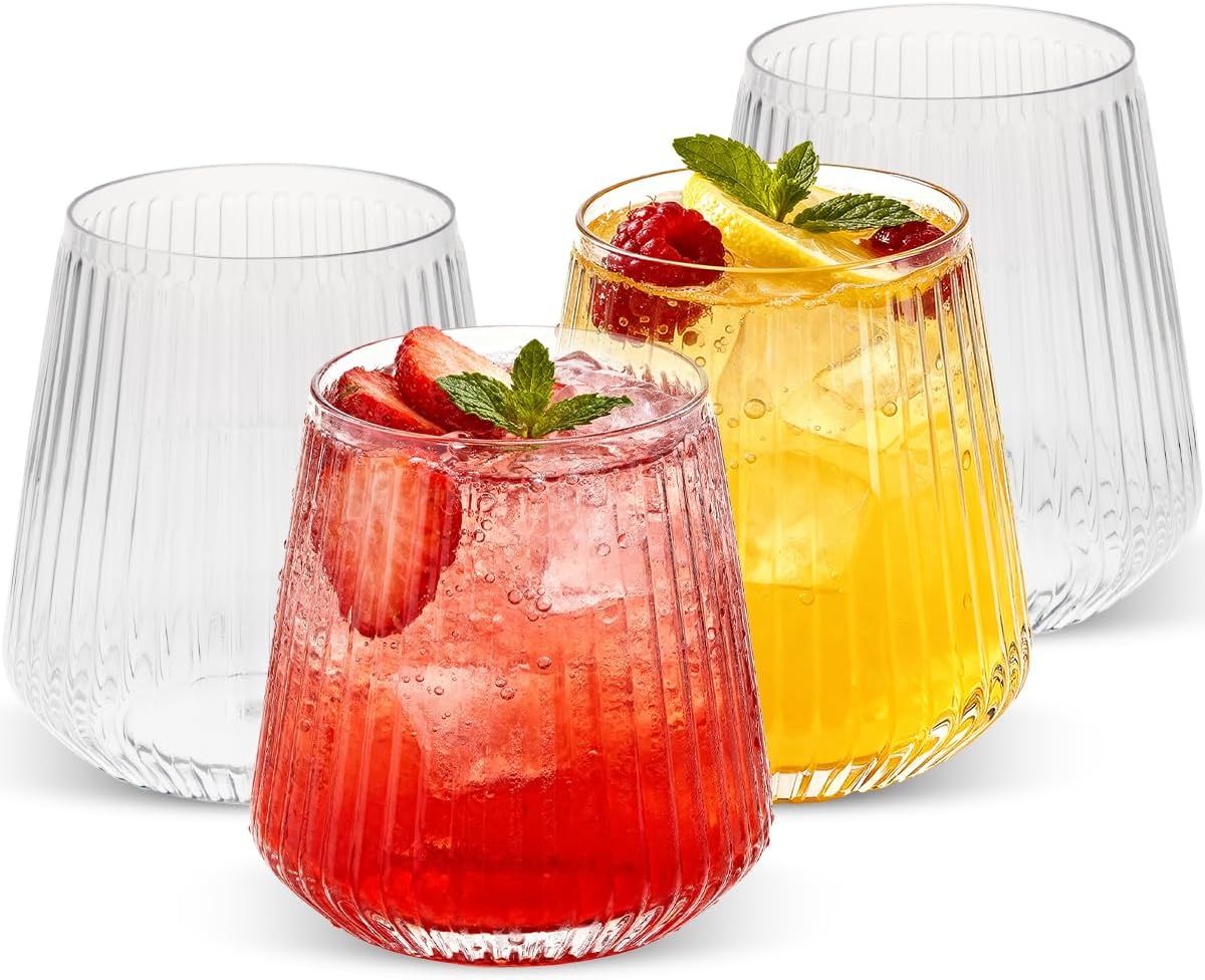 Goodluck 36 Pack 12oz Stemless Plastic Wine Glasses – Clear Ribbed Cups
