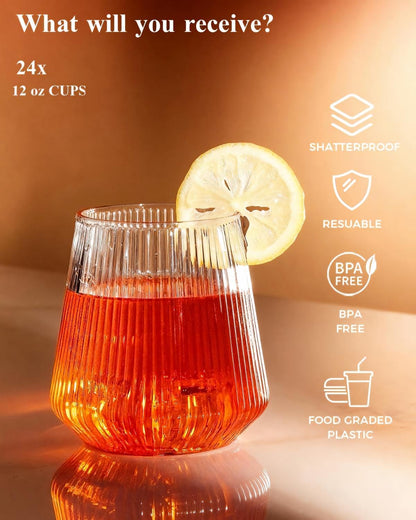 BESTSTAR 48 Pack Clear Disposable Ribbed Origami Ripple Plastic Glasses Set