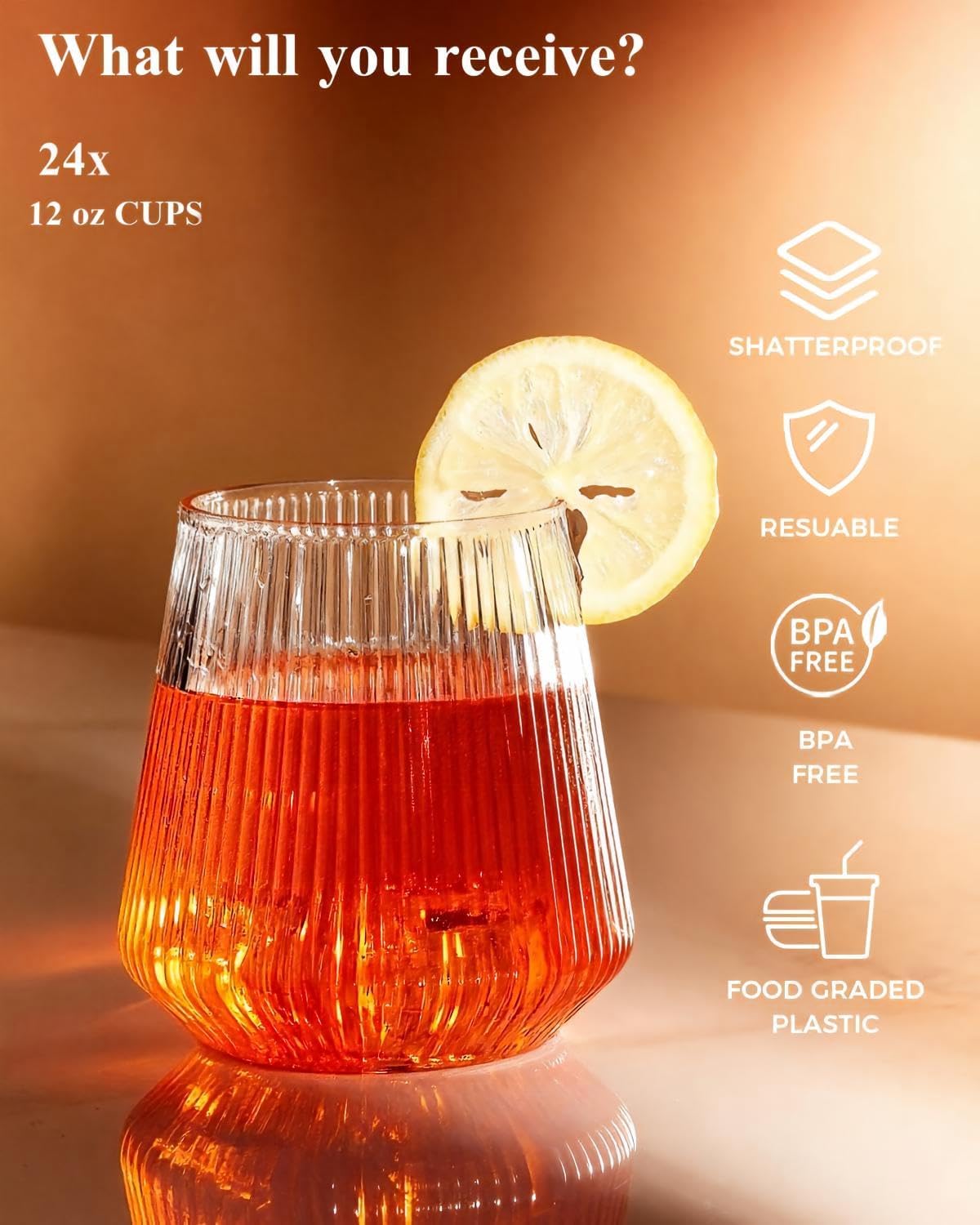 BESTSTAR 48 Pack Clear Disposable Ribbed Origami Ripple Plastic Glasses Set