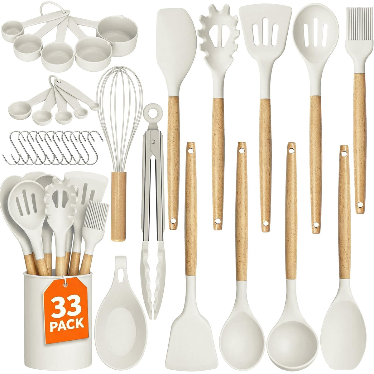 33Pcs Kitchen Utensils Set Silicone Cooking Utensils Set with Wooden Handle