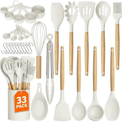 33Pcs Kitchen Utensils Set Silicone Cooking Utensils Set with Wooden Handle