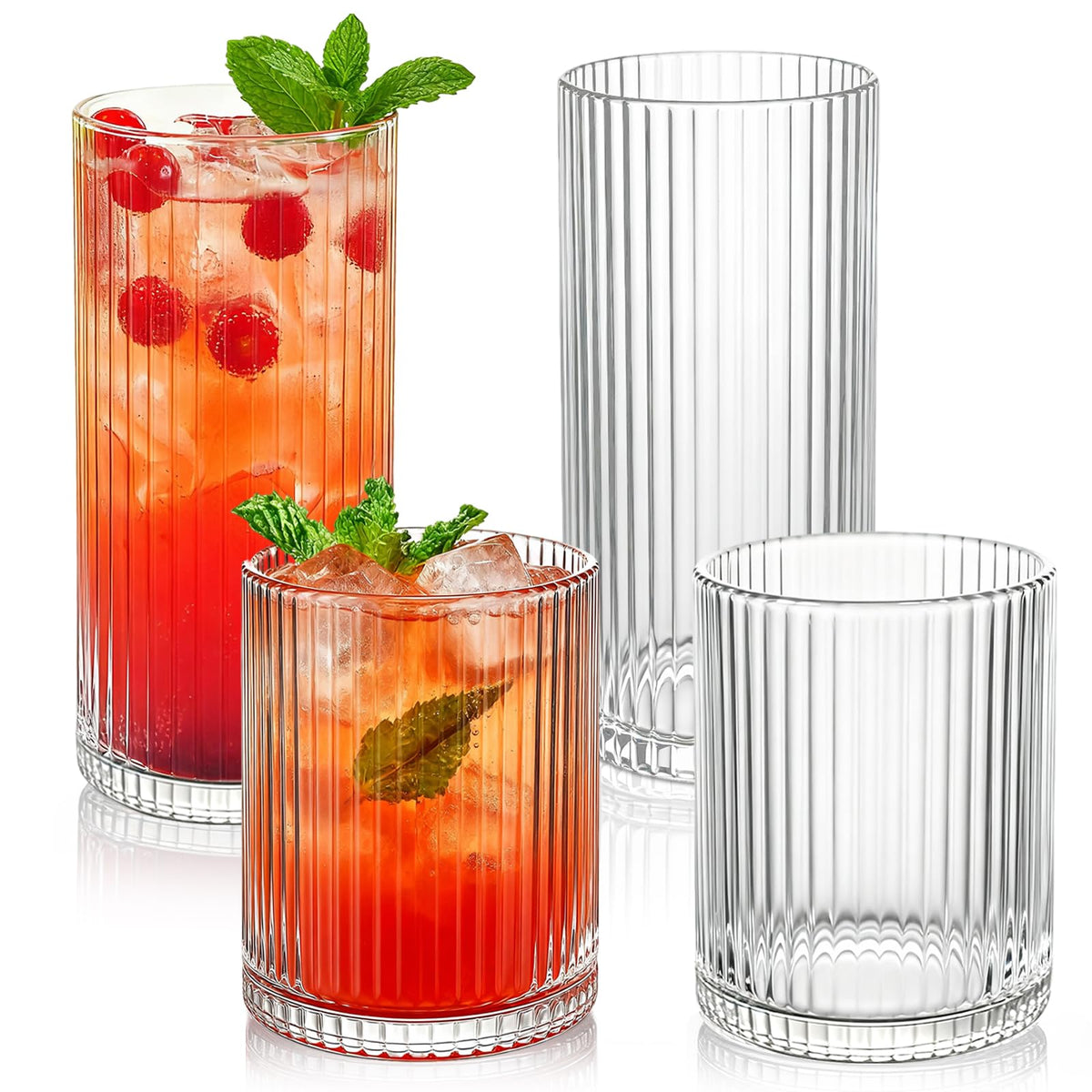 Ribbed Drinking Glasses 8pcs, 12oz and 10oz Glassware, Tumbler Glasses Cup Set for Wedding, Party, Christmas Gift, Clear