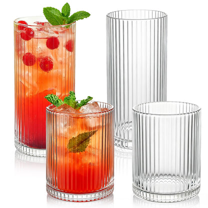 Ribbed Drinking Glasses 8pcs, 12oz and 10oz Glassware, Tumbler Glasses Cup Set for Wedding, Party, Christmas Gift, Clear