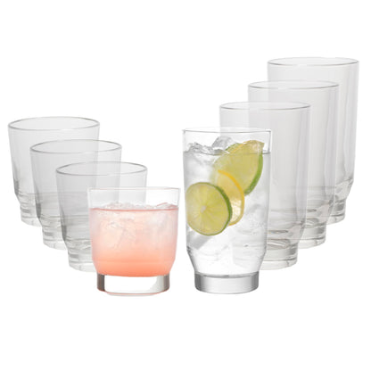 Libbey Blue Ribbon Tumbler and Rocks Drinking Glass Set of 8, Artisanal, Four-Dimpled Glass Cups Set, Clear Glassware Drinking Glasses for Daily Use