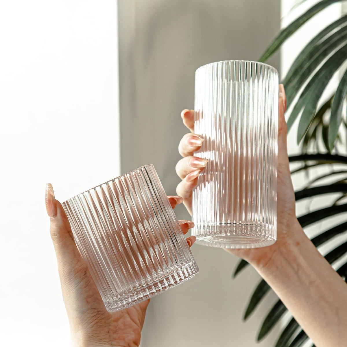 Ribbed Drinking Glasses Set of 8 - Vintage Glassware with 4 Highball (13oz) & 4 Rocks (10oz) Glass Cups, Elegant Cocktail Glasses for Water, Juice, and Ice Coffee, Mixed Drinkware