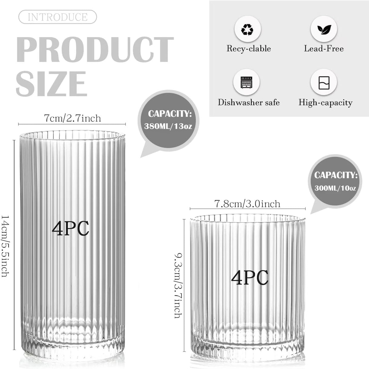 Ribbed Drinking Glasses Set of 8 - Vintage Glassware with 4 Highball (13oz) & 4 Rocks (10oz) Glass Cups, Elegant Cocktail Glasses for Water, Juice, and Ice Coffee, Mixed Drinkware
