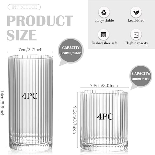 Ribbed Drinking Glasses Set of 8 - Vintage Glassware with 4 Highball (13oz) & 4 Rocks (10oz) Glass Cups, Elegant Cocktail Glasses for Water, Juice, and Ice Coffee, Mixed Drinkware
