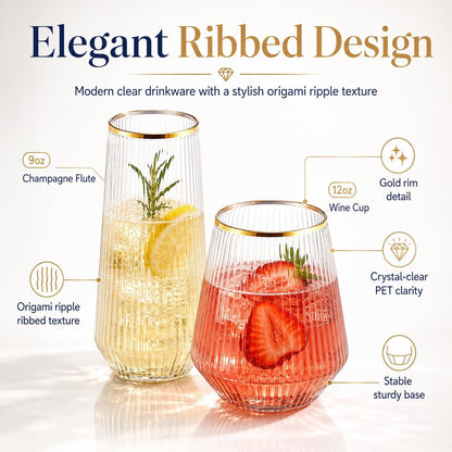 9 & 12 Ounce Ribbed Plastic Stemless Wine Glasses, Gold Rim, 48 Pack