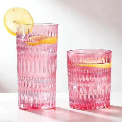 Loivttvv Glassware Drinking Glasses Set of 8, 14 oz Highball Glasses & 10 oz Ribbed Glass Cups, Vintage Glassware for Water, Juice, Cocktail, Whiskey (Blue)