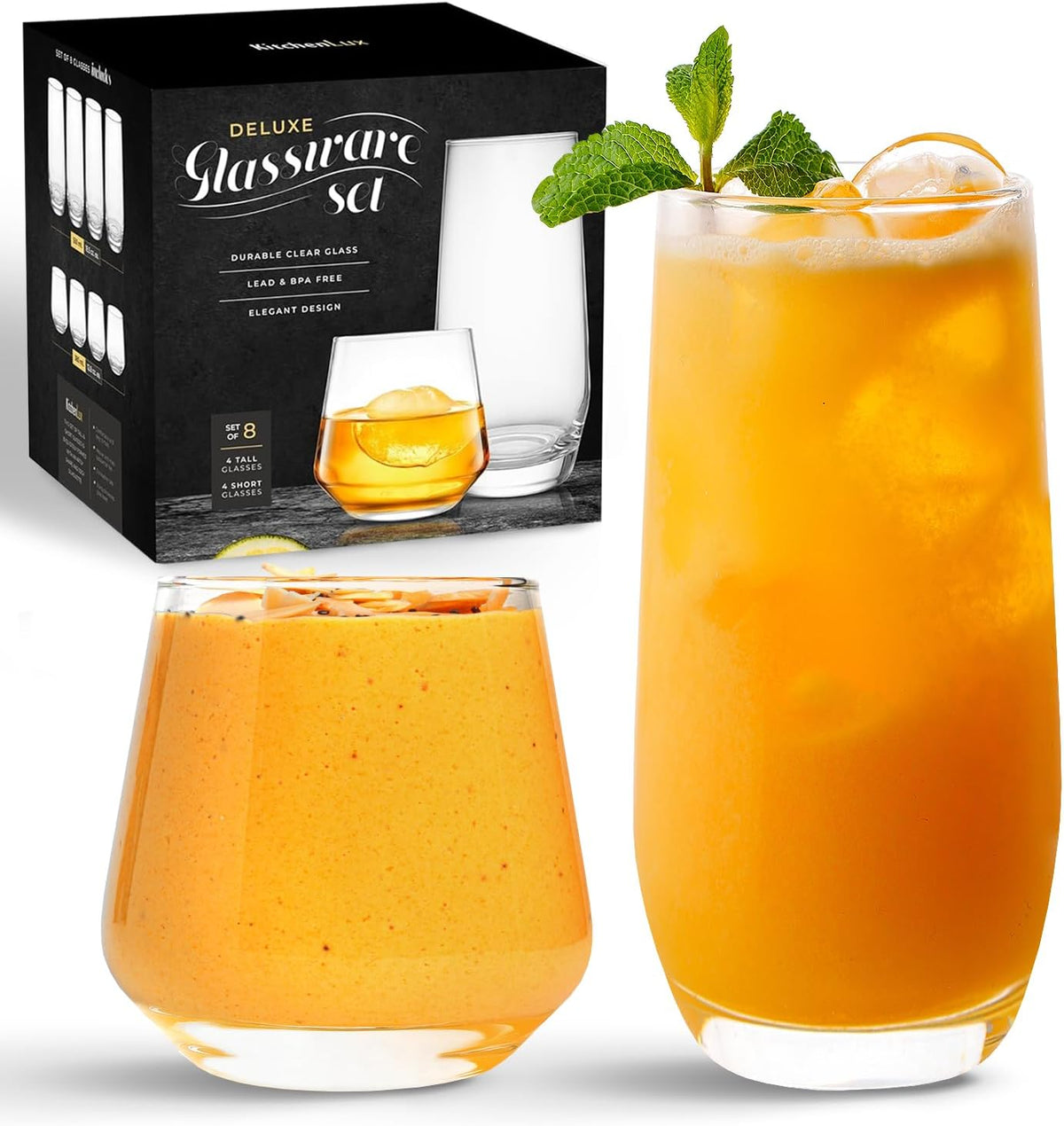 Kitchen Lux Drinking Glasses Set of 8 - Highball Tumbler & Rocks Drinkware