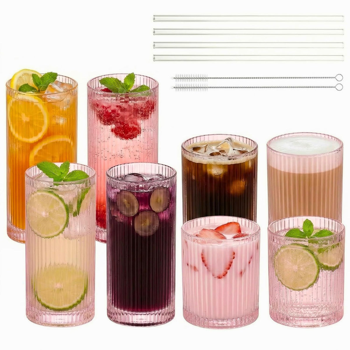 Ribbed Glass Cups with Straws, Pink Glass Drinking Cups, Drinking Glasses Set of 8, 13oz Highball & 10oz Water Glasses, Vintage Kitchen Glassware Set for Juice, Coffee, Cocktail, Whiskey