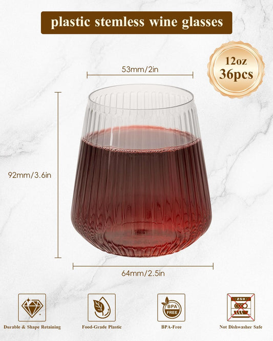 Goodluck 36 Pack 12oz Stemless Plastic Wine Glasses – Clear Ribbed Cups