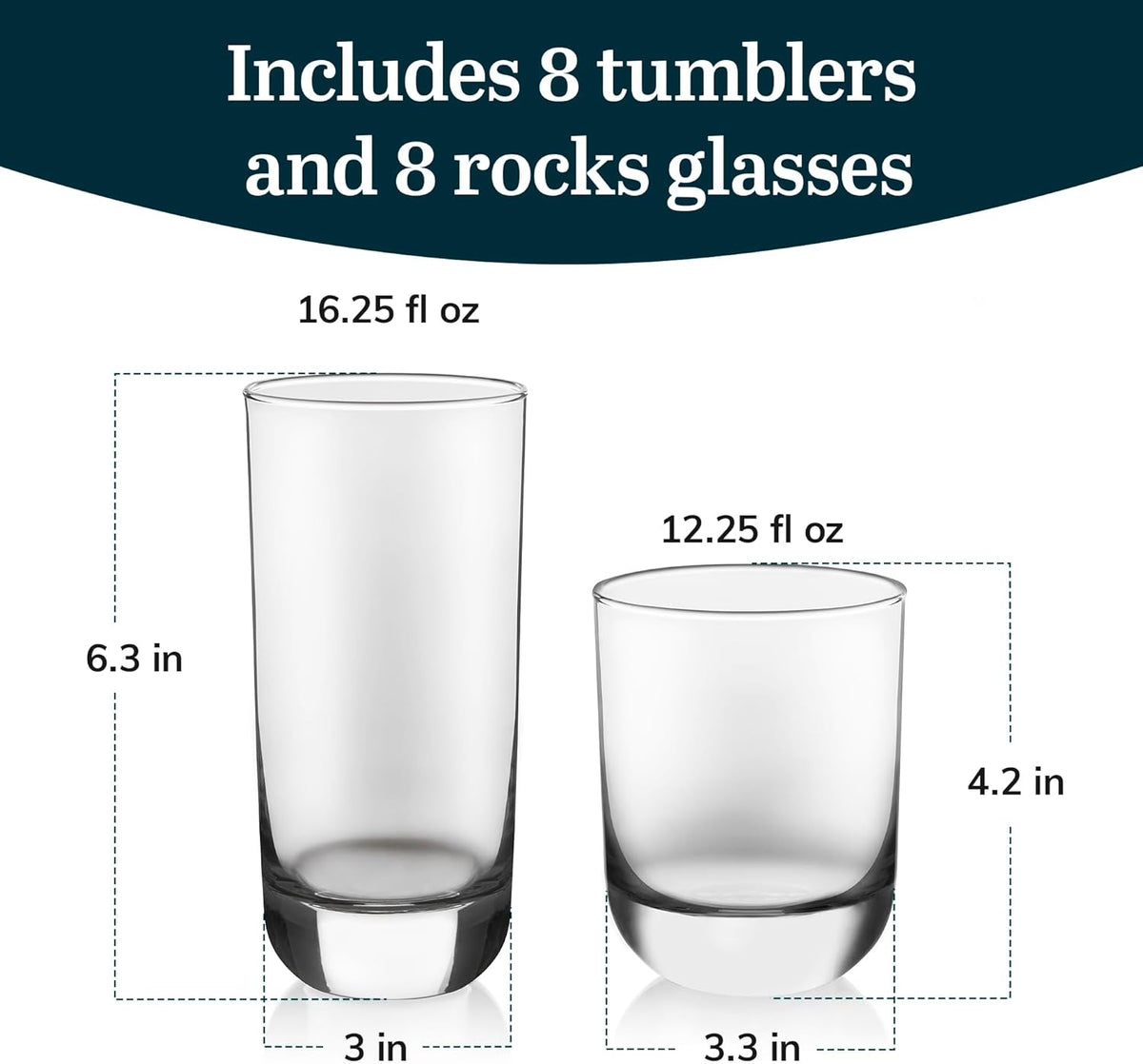 Libbey Polaris Tumbler & Rocks Drinking Glasses Set of 16, Clear Glass Cups