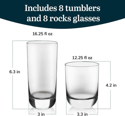 Libbey Polaris Tumbler & Rocks Drinking Glasses Set of 16, Clear Glass Cups