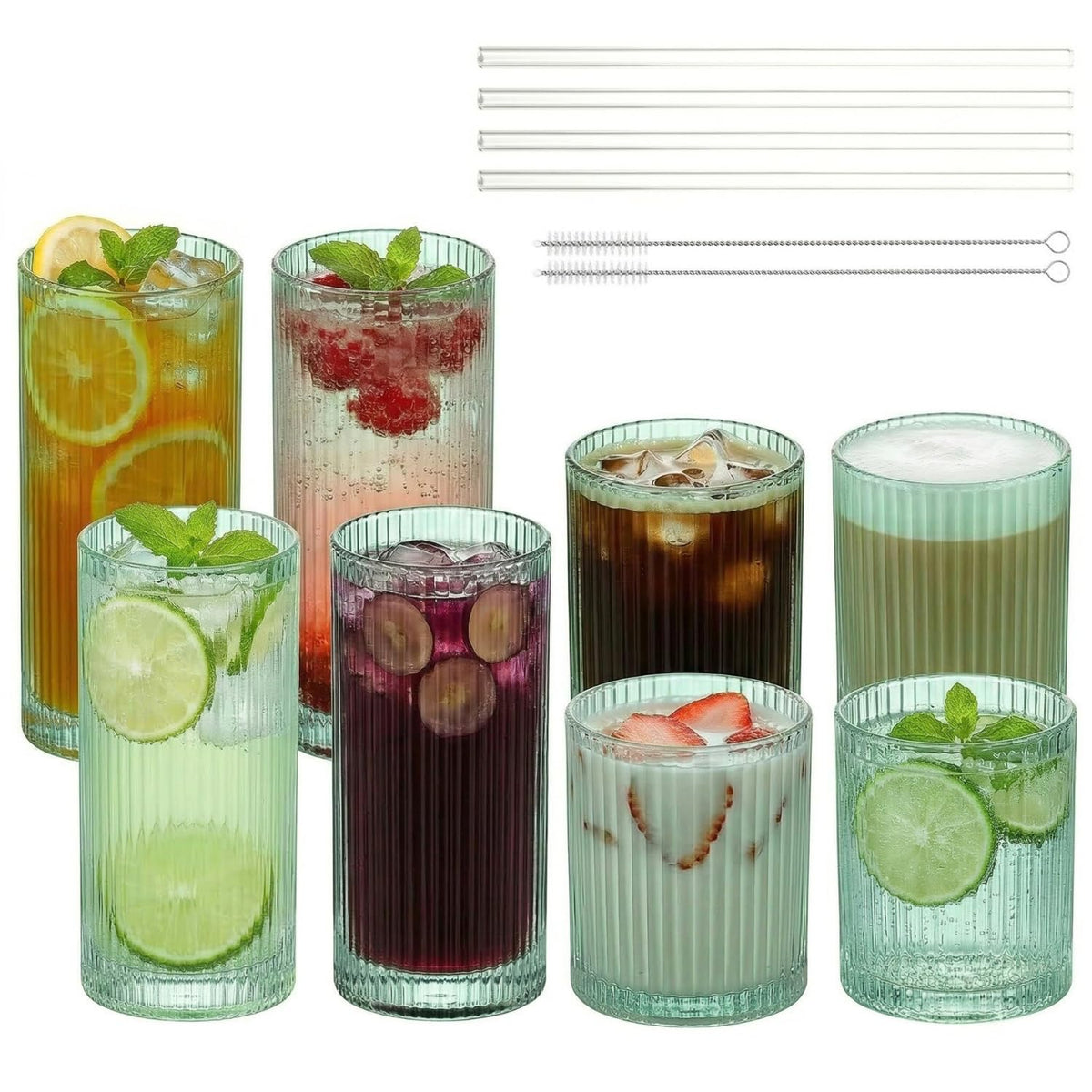 Ribbed Glass Cups with Straws, Pink Glass Drinking Cups, Drinking Glasses Set of 8, 13oz Highball & 10oz Water Glasses, Vintage Kitchen Glassware Set for Juice, Coffee, Cocktail, Whiskey
