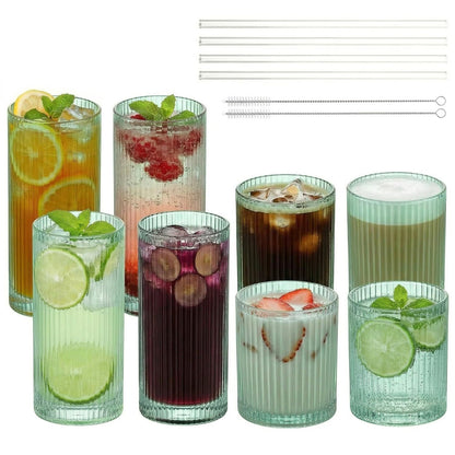 Ribbed Glass Cups with Straws, Pink Glass Drinking Cups, Drinking Glasses Set of 8, 13oz Highball & 10oz Water Glasses, Vintage Kitchen Glassware Set for Juice, Coffee, Cocktail, Whiskey